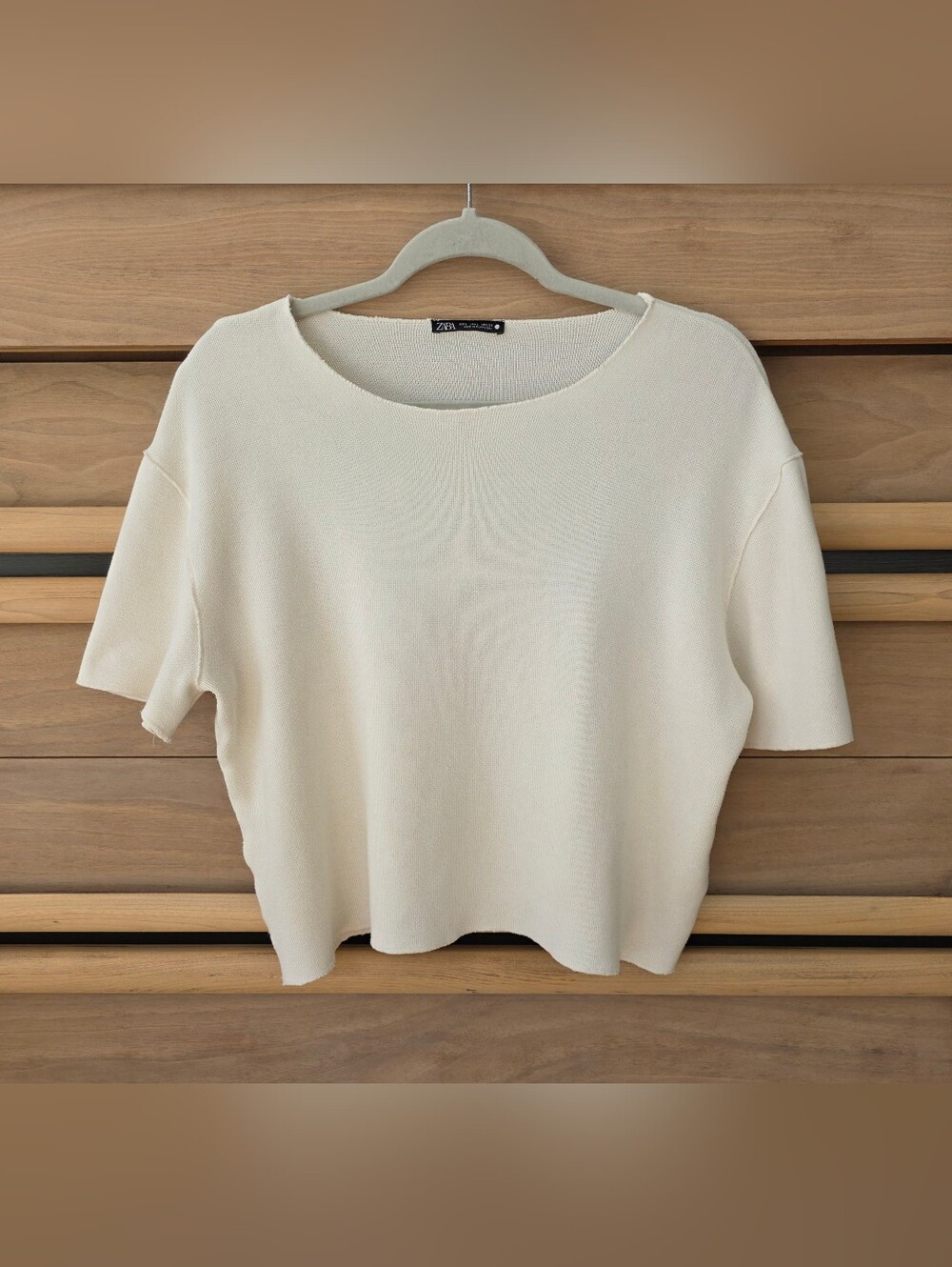 Zara Ecru Drop-Shoulder Short Sleeve Knit Top